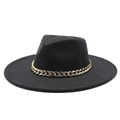 Classic black wool fedora hat with wide brim and elegant gold chain link band - One Size 58cm / Black