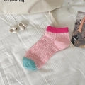 Chaussettes en résille rose avec pointe vert menthe et bord-côte rose foncé - Taille unique / Court/Polyester Coton / Rose/Bloc de Couleur