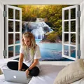 Detail of 3D window view tapestry showing a waterfall forest landscape for room decor - 150x130cm / 3D Window Waterfall Forest