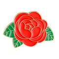 Süße Emaille-Brosche in Form einer roten Rose mit grünen Blättern und goldenem Metallrand - Rote Rose