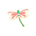 Golden dragonfly brooch with pink striped wings and green body enameled metal pin - Dragonfly