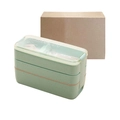 Green three-layer 900ml microwave lunch box with fork and straw texture finish - Triple Layer-Green (900ml)-Boxed