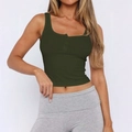Y2K style ribbed button tank top in olive green for women with U-shaped neckline - S / Army Green