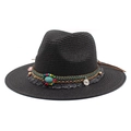 Zwarte western strohoed met etnische kralenband en turquoise steen als detail - M (56-58cm) / Zwart