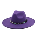 Macro detail of purple wool fedora with turquoise stones and silver rivets on leather band - M (56-58cm) / Purple