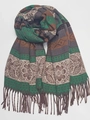 Detail view of woven cashmere-like scarf showing vintage floral patterns and fringe edges - Green Gray