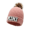 Pink knit beanie with MINI embroidery and large brown faux fur pompom for winter - Pom Pom MINI Style / Dusty Pink