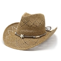 Sommerlicher Western-Strohhut mit Sternenband und hochgebogener Krempe im Ethno-Stil - M (56-58cm) / Khaki