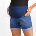 Pantalones cortos vaqueros premamá con banda elástica para el vientre y dobladillo vuelto - S / Azul Oscuro Liso Dobladillo