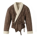 Braune Damenjacke aus Wildlederimitat mit weißem Lammfellfutter und Taillengürtel - S / Dunkelbraun