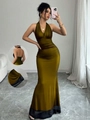 Olive green satin halter neck maxi dress with fish tail and black mesh detailing - S / Yellow
