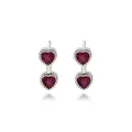 Silver drop earrings featuring two connected red heart stones with beaded edges - Silver Double Heart with Red Zirconia (E2123)
