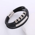 Bracciale multistrato da uomo in pelle intrecciata nera con perline argento e chiusura magnetica - Color Acciaio
