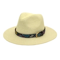 Classic beige woven straw fedora hat for summer sun protection with snake pattern band - M (56-58cm) / Cream