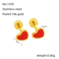 Minimalist 18k gold plated stainless steel heart stud earrings with red enamel 6mm - Red