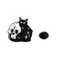 Cute black cat curled around white skull enamel pin with rubber back clutch - Black Cat Coiled Around Skull Style (CZ0613-4)