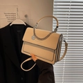 Creamy white PU leather small square bag with silver chunky chain and round pendant - Khaki