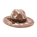 Distressed brown cowboy hat with white paint splatter and feather detail band - Khaki Feather