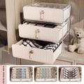 Organizer a cassetti a righe bianche per biancheria e calze con maniglie dorate - Set da 3 pezzi (Reggiseno + Mutandine + Scatole per calzini) / Bianco crema trasparente