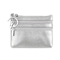 Silver leather coin purse featuring three zipper compartments and lychee texture - Silver