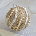 Champagne gold Christmas ball ornament with white braided rope and elegant pearl beads - Champagne Twill Pearl Ball 8cm