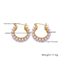 Detail view of 25mm polished gold stainless steel hoop earrings with baroque pearl - Threaded Round Hoop Pearl (E150)