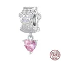 S925 sterling silver hollow paw print charm with pink heart gemstone and opal inlay - SCC2577 (Cat Paw Heart Dangle)