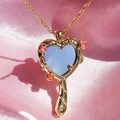Golden heart mirror necklace pendant with pink roses and rope chain on silk - Gold Magic Mirror Locket Pendant