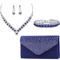 Detailed set featuring blue zircon necklace, earrings, bracelet, and a satin evening clutch - Blue