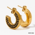 Vintage gold-finished C-shaped hoop earrings with double rows of black gemstones - Gold with Black Stone (KDE1264)