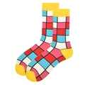 Colorful Mondrian style crew socks with geometric red blue and yellow color blocks - One Size / Mondrian Style (1519C)