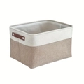 Cesto portaoggetti rettangolare in cotone e lino beige e marrone con manici in pelle - 40*30*25cm / Giunzione Cammello e Bianco