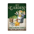 Vintage metal garden sign featuring watercolor flowers and gardening tools in a rustic style - 11740(25)