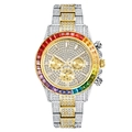 Luxury rainbow bezel chronograph watch with iced-out crystals and dual-tone metal strap - Two-tone Gold Rainbow