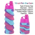 Collapsible camo silicone water bottle in pink and blue shown in two states - Screw Cap/Charming Red Camo