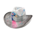 Detail of artistic graffiti cowboy hat featuring colorful hand-painted bird pattern - Gray Pop Art Bird Style (3#)