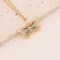 Golden butterfly necklace with blue enamel and sparkling cubic zirconia on stone base - Royal Blue