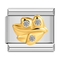 Italian charm link with a golden leaf design and three clear crystals on silver base - Silver Base Gold Leaf
