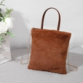 Brown plush tote bag with dark brown leather handles and golden metal chain strap - Dark Brown