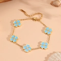 18K vergulde klaverarmband met lichtblauw emaille en een fijne gouden schakelketting - Blauw Armband