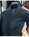 Men's cable knit sweater with half-zip stand collar in dark green melange finish - M / Dark Green