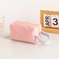 Borsa per cosmetici in velluto a coste rosa con manico blu e cerniera a contrasto - Rosa