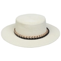 Creamy white wide brim straw hat featuring a black leather and gold chain hatband - Thick Chain Decor Band Style (300J)