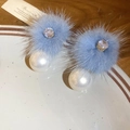 Close-up of elegant light blue mink fur earrings with zircon and large white pearl detail - Light Blue Pearl Plush Ball Studs (925 Sterling Silver Earring Post)