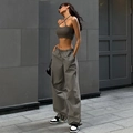 Women's streetwear taupe cargo pants set with drawstring waist and loose wide-leg fit - XL / Gray