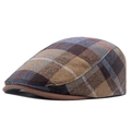 Classic wool blend checkered flat cap with brown and blue plaid pattern for autumn - Khaki
