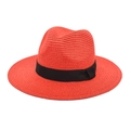 Classic red straw Panama hat featuring a contrasting black grosgrain ribbon band - Red