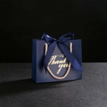 Navy blue gift bag with gold Thank You text and elegant satin bow for wedding favors - Navy Blue Box + Navy Blue Ribbon