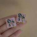 Macro shot of French vintage square enamel earrings with lilac base and blue floral pattern - 10# Silver Earring Post - Gold - Purple