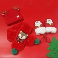 Kids Christmas red knit hat scarf and mitten set with 3D reindeer decor for winter warmth - Red 3-Piece Set (No Box)